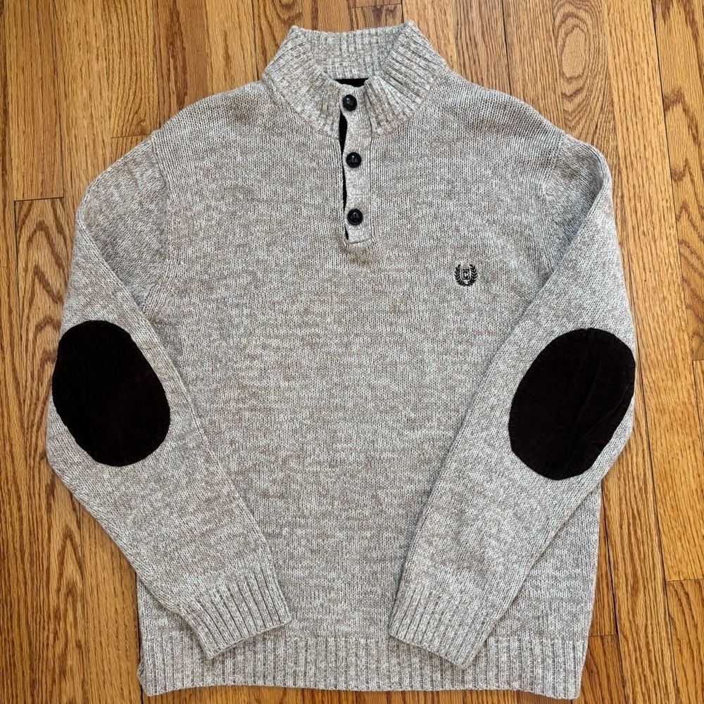 Chaps Men Beige Brown Quarter Button Long Sleeve Elbow Patch Cotton Knit sweater - Picture 15 of 16